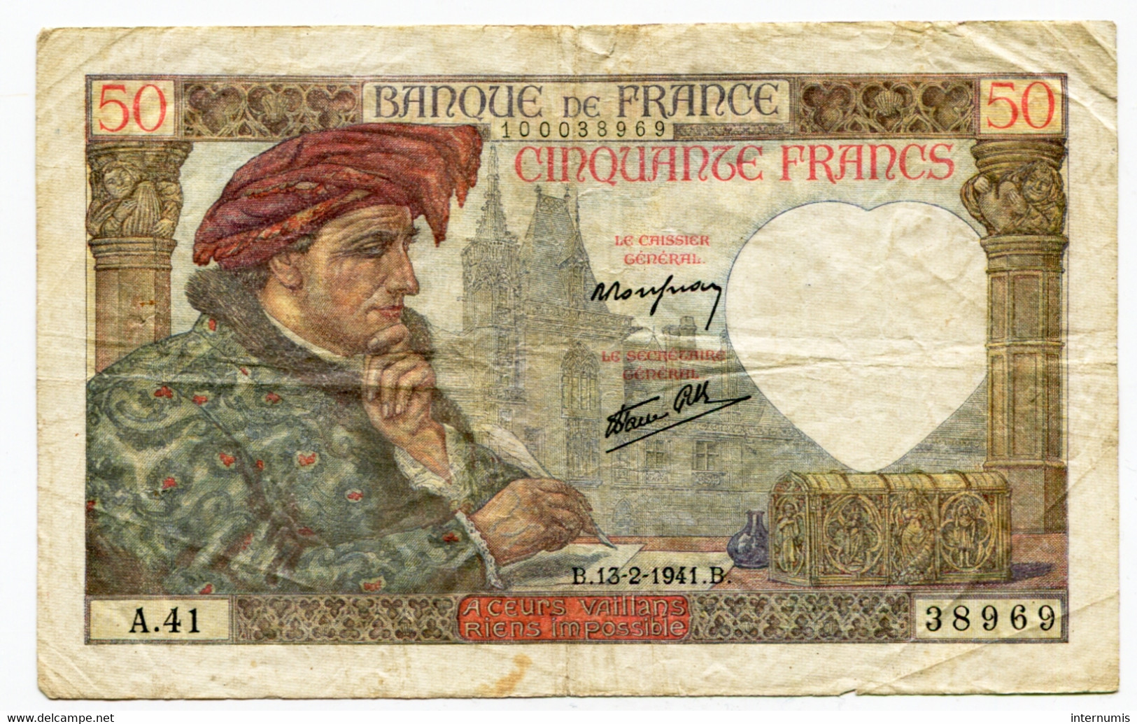 France, 50 Francs, JACQUES CŒUR, 13-2-1941, N° : A.41-38969, TB (F), F.19.06 - 50 F 1940-1942 ''Jacques Coeur''