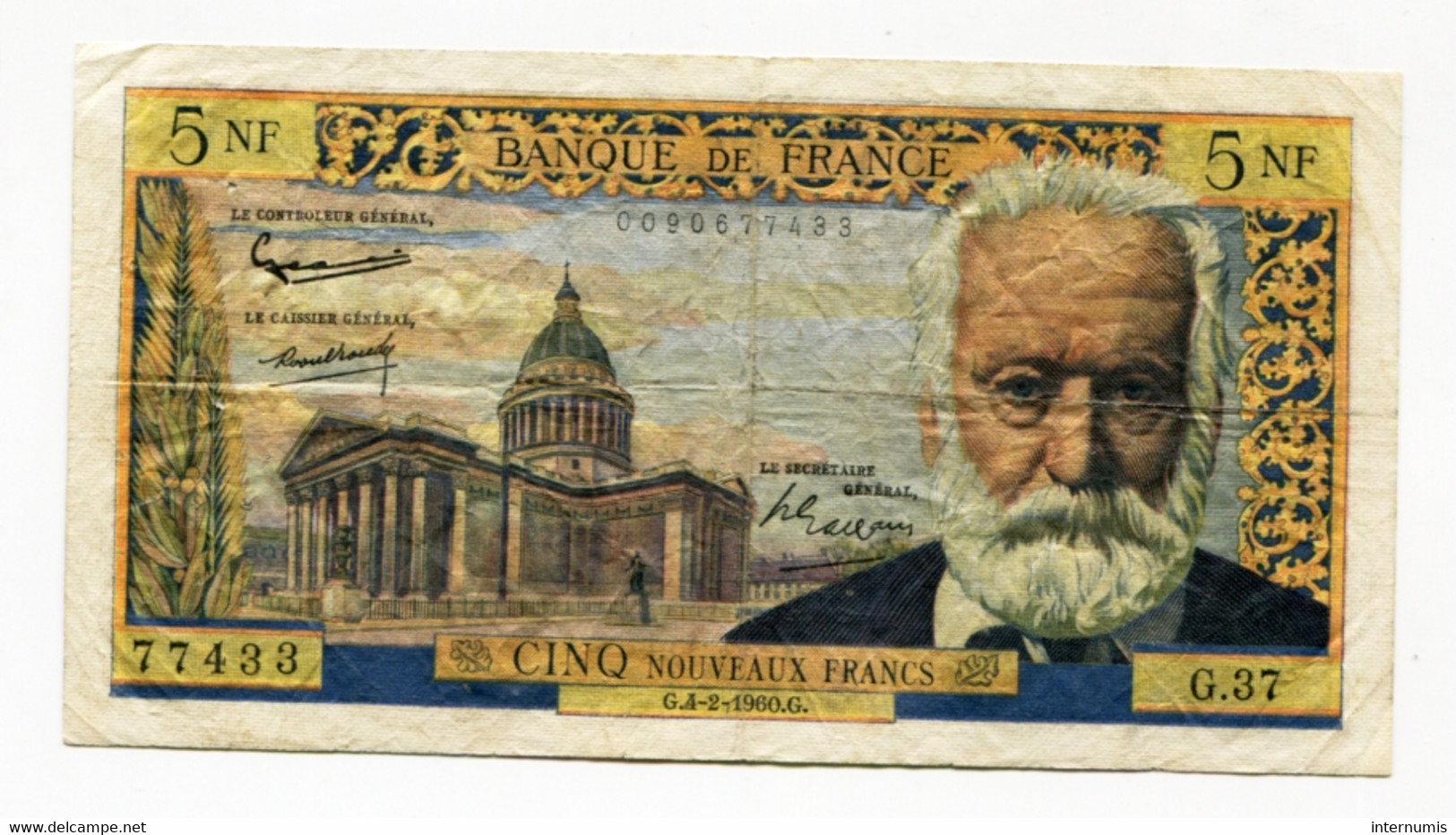 France, 5 NF Nouveaux Francs, VICTOR HUGO, 4-2-1960, N° : G.37-77433, TB (F), F.56.05 - 5 NF 1959-1965 ''Victor Hugo''