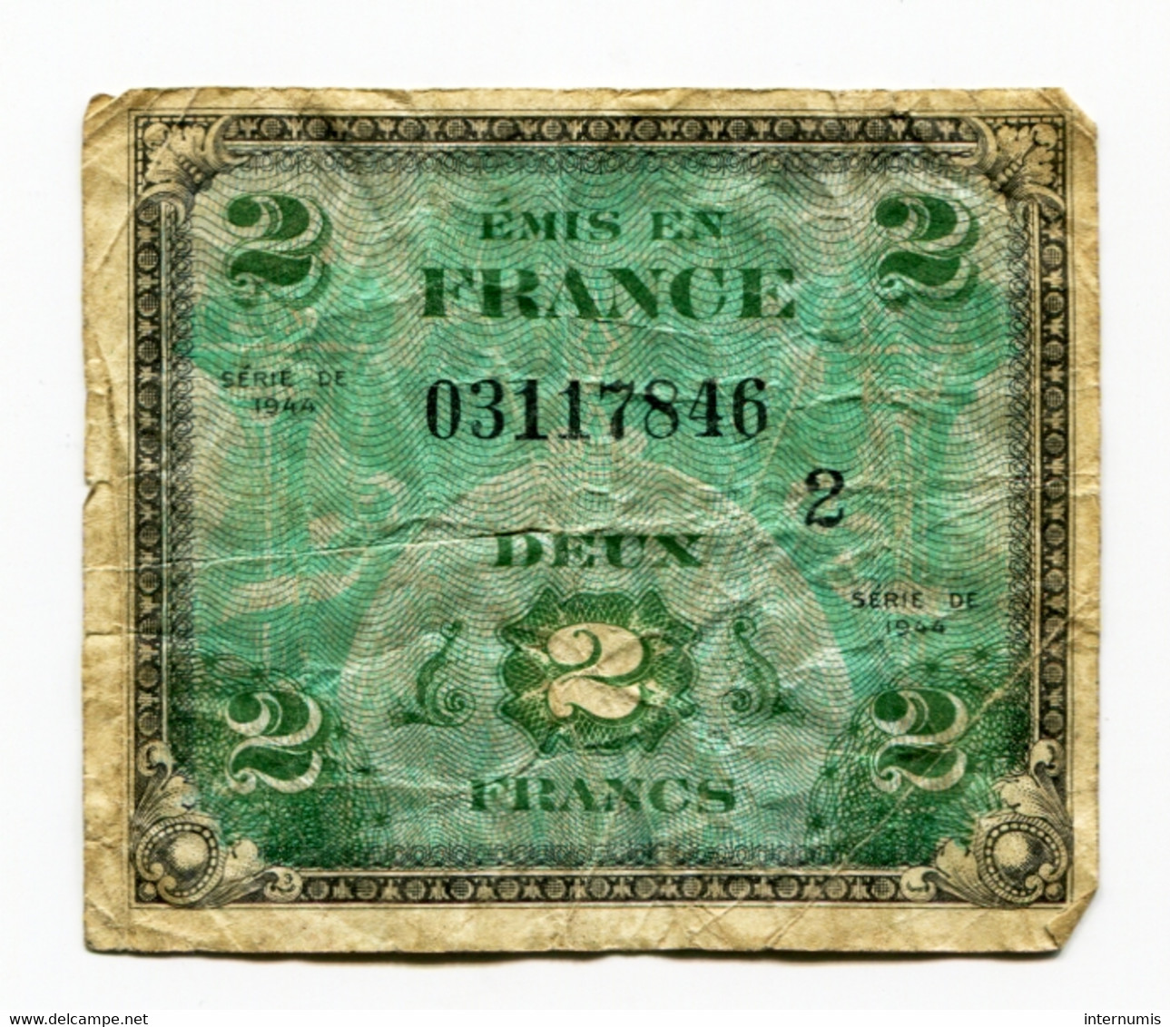 France, 2 FRANCS, DRAPEAU SERIE 2, TYPE DE 1944, N° : 3117846, B (VG), VF.16.02 - 1944 Flag/France