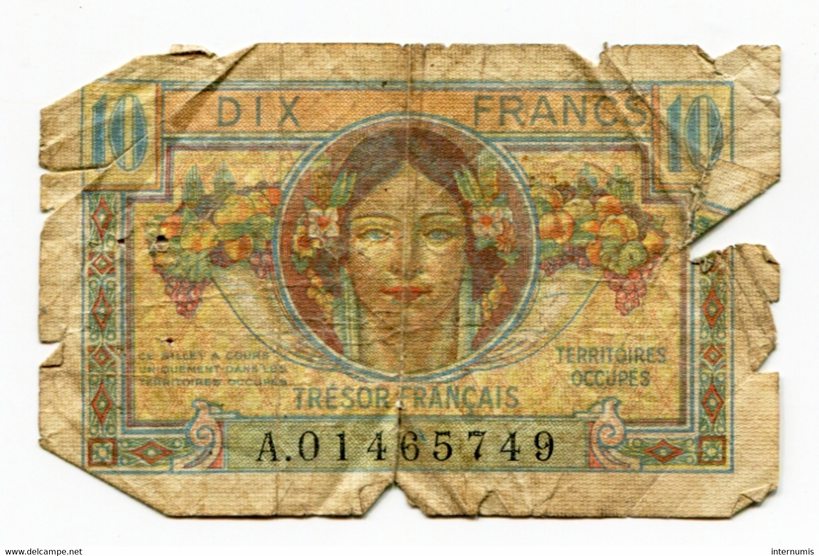 France, 10 FRANCS, TRESOR FRANCAIS, TYPE DE 1947, N° : A.01465749, M (Poor), VF.30.01 - 1947 Trésor Français