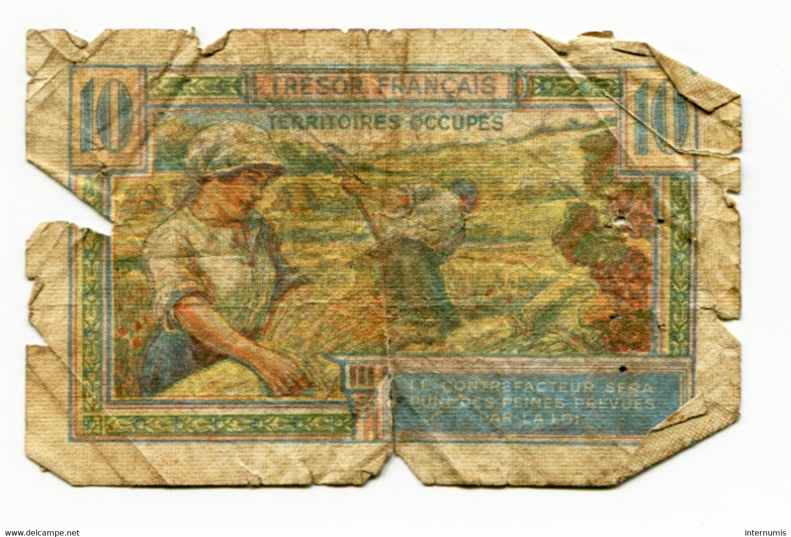 France, 10 FRANCS, TRESOR FRANCAIS, TYPE DE 1947, N° : A.01465749, M (Poor), VF.30.01 - 1947 Trésor Français