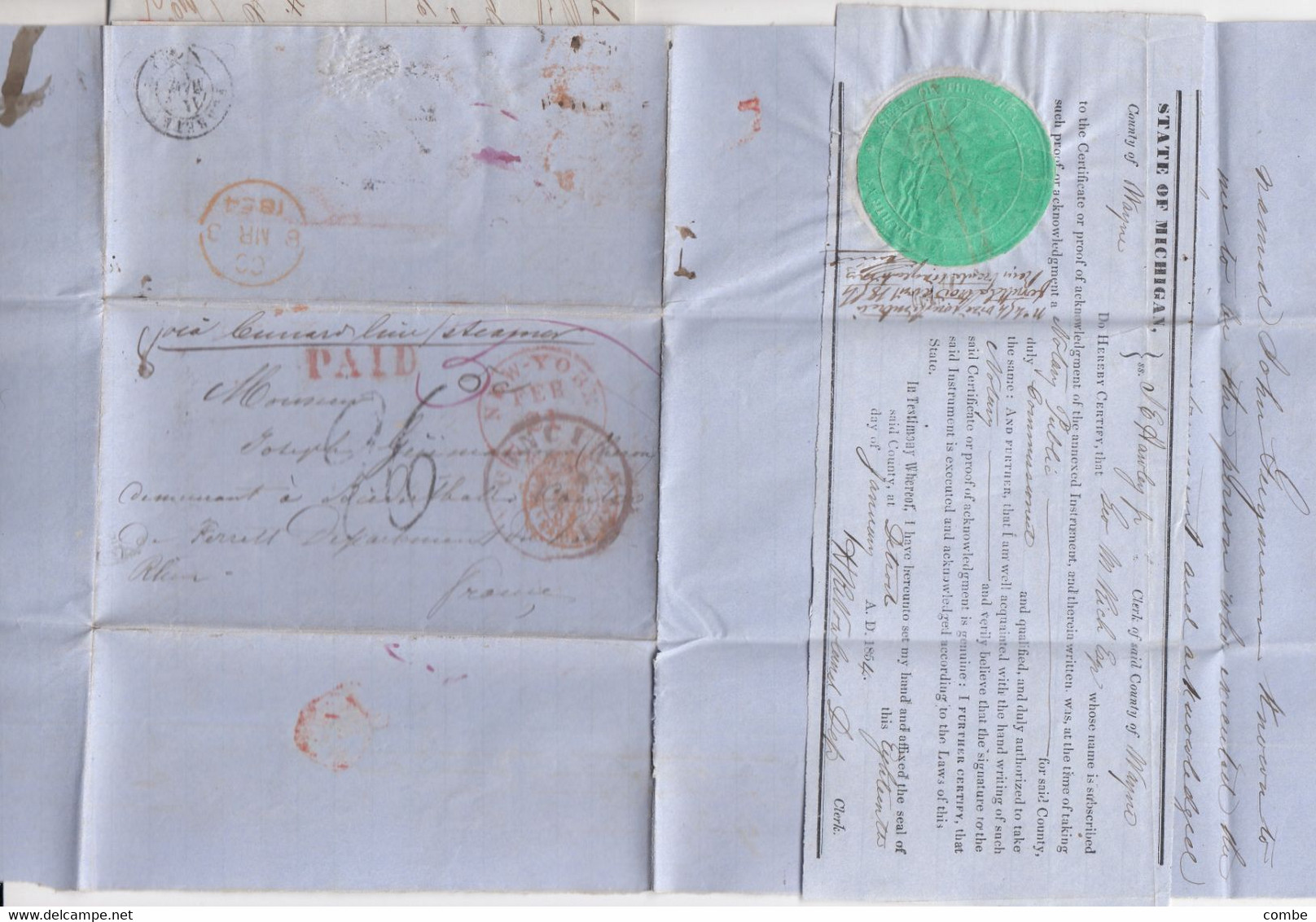 LETTER. 19 DEC 1854. DETROIT. (+CUICINNATI AGENT CONSULAIRE 1854)(+ DETROIT 1854) PAID. TO BIEDERBACH FRANCE - …-1845 Voorfilatelie