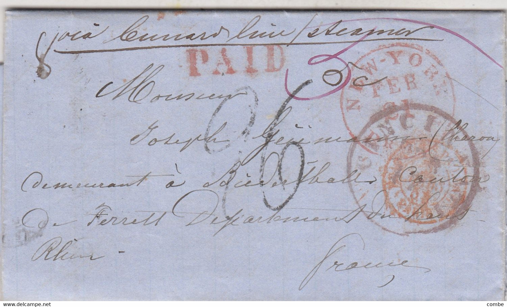 LETTER. 19 DEC 1854. DETROIT. (+CUICINNATI AGENT CONSULAIRE 1854)(+ DETROIT 1854) PAID. TO BIEDERBACH FRANCE - …-1845 Prefilatelia