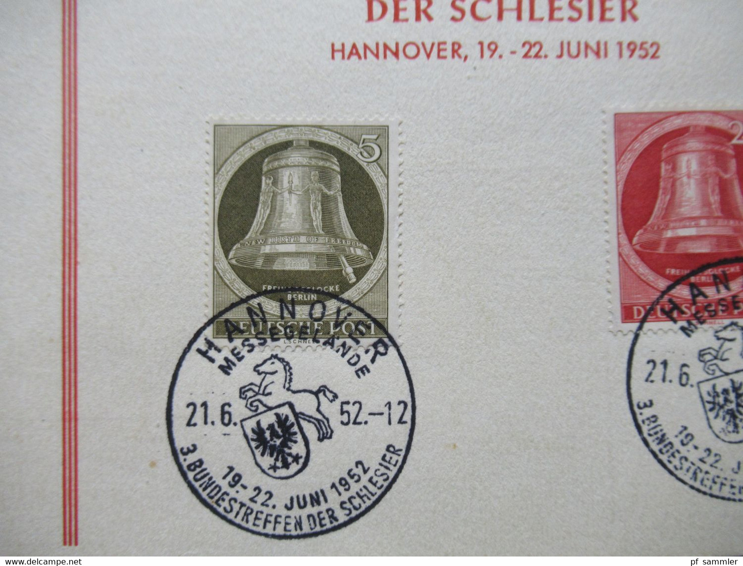 Berlin 1952 Freiheitsglocke Nr.82 Und 84 Auf Sonder PK 3. Bundestreffen Der Schlesier SSt Hannover Messegelände - Brieven En Documenten