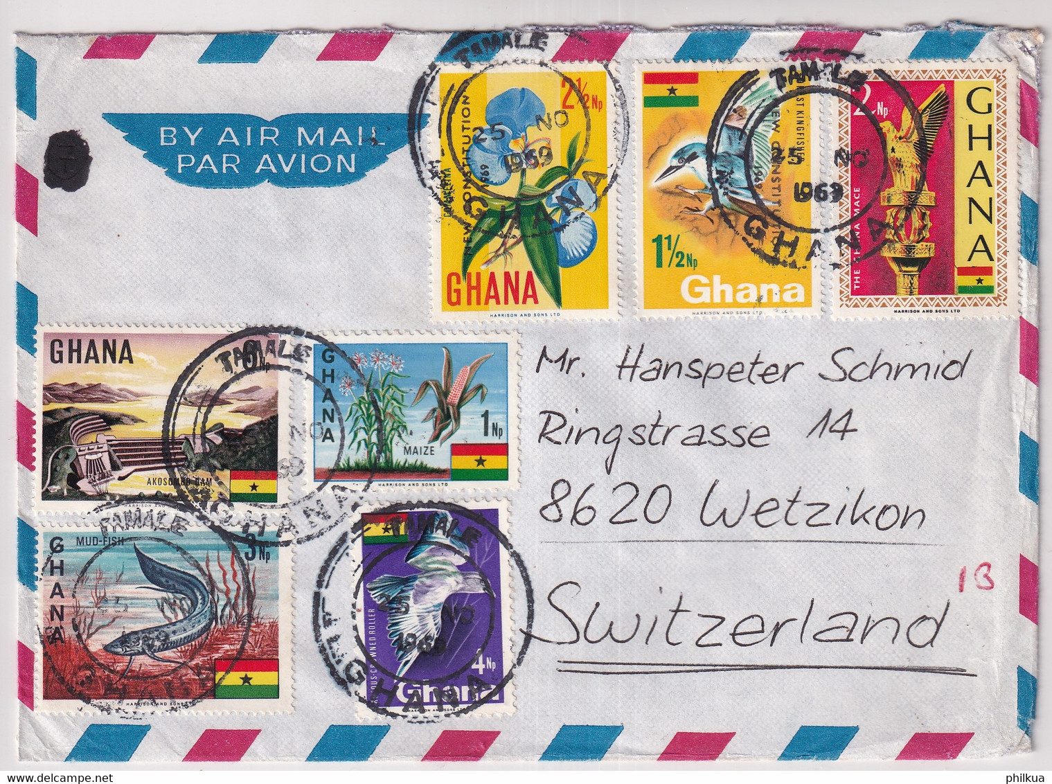 MiNr. 297-301, 313-314 Ghana 1967, 1. Juni. Freimarken: Nationale Symbole Bedarfsluftpostbrief In Die Schweiz Gelaufen - Ghana (1957-...)