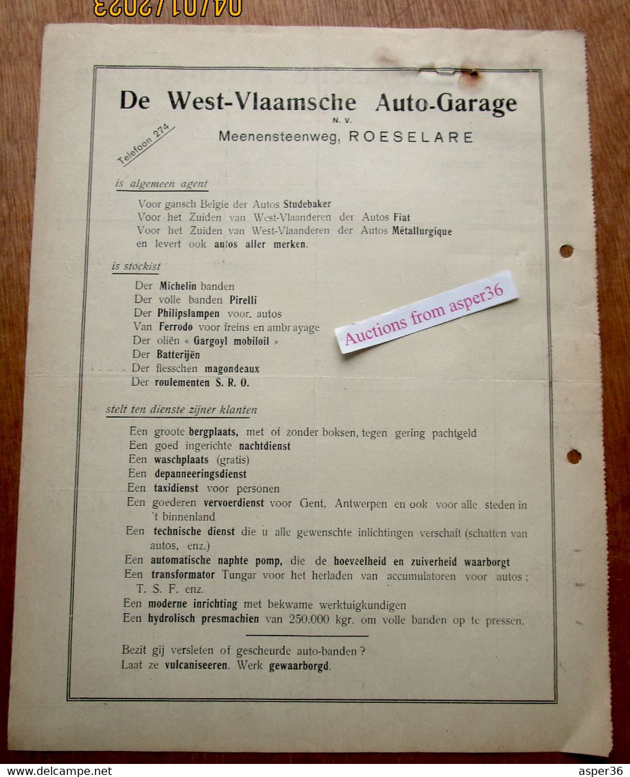 West-Vlaamsche Auto-Garage , Agentschap Fiat, Studebaker, Meenensteenweg, Roeselare 1925 - 1900 – 1949