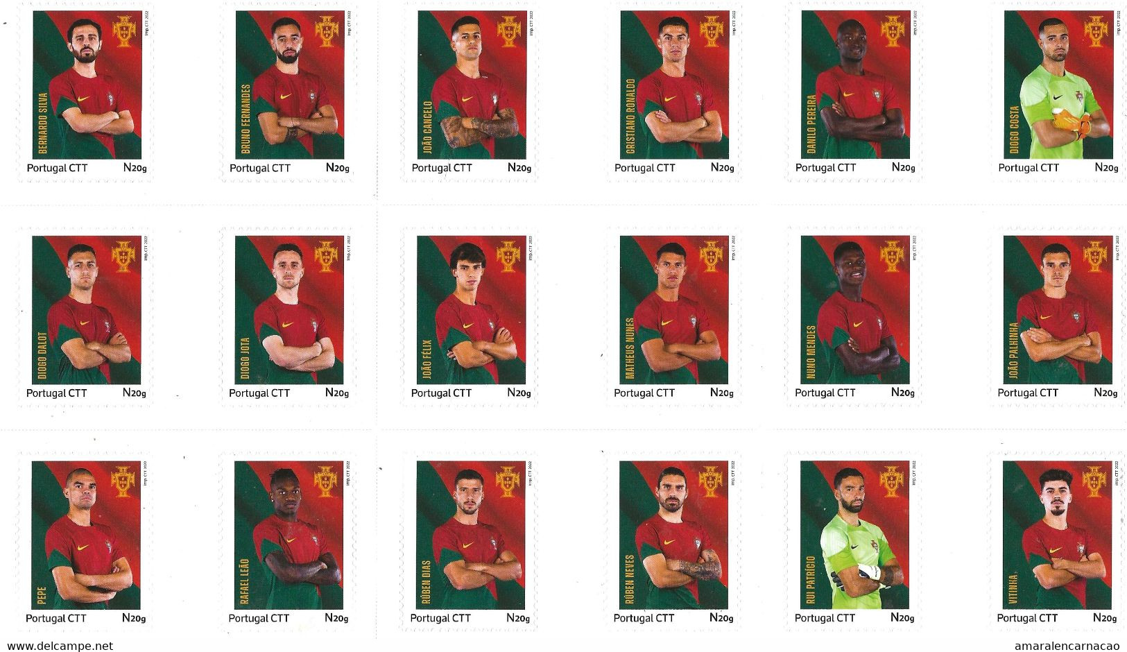 TIMBRES- BRIEFMARKEN- FRANCOBOLLI- STAMPS - PORTUGAL - FOOTBALL- CARNET AVEC 18 TIMBRES-SÉLECTION DU PORTUGAL-QATAR 2022 - 2022 – Qatar