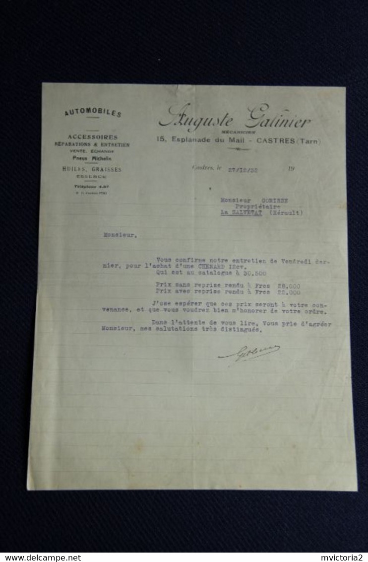Facture Ancienne : CASTRES, Auguste GALINIER, Automobiles, Pneus Michelin, Mécanique - 1900 – 1949
