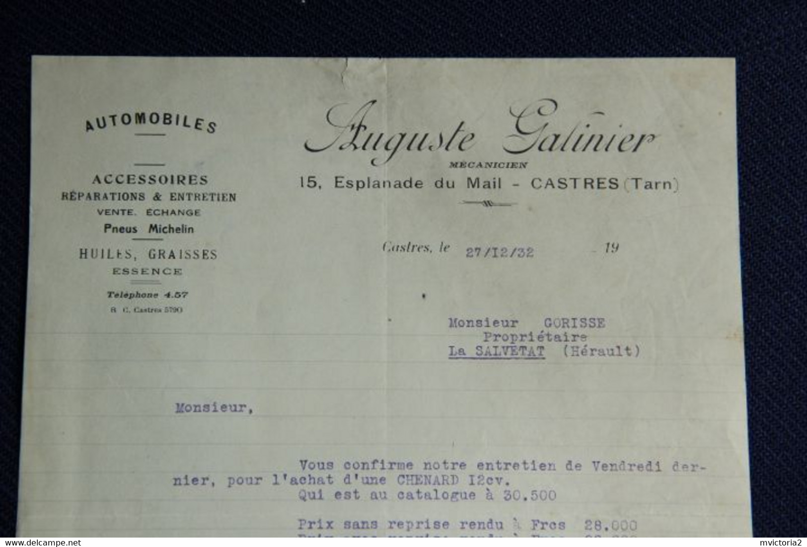 Facture Ancienne : CASTRES, Auguste GALINIER, Automobiles, Pneus Michelin, Mécanique - 1900 – 1949