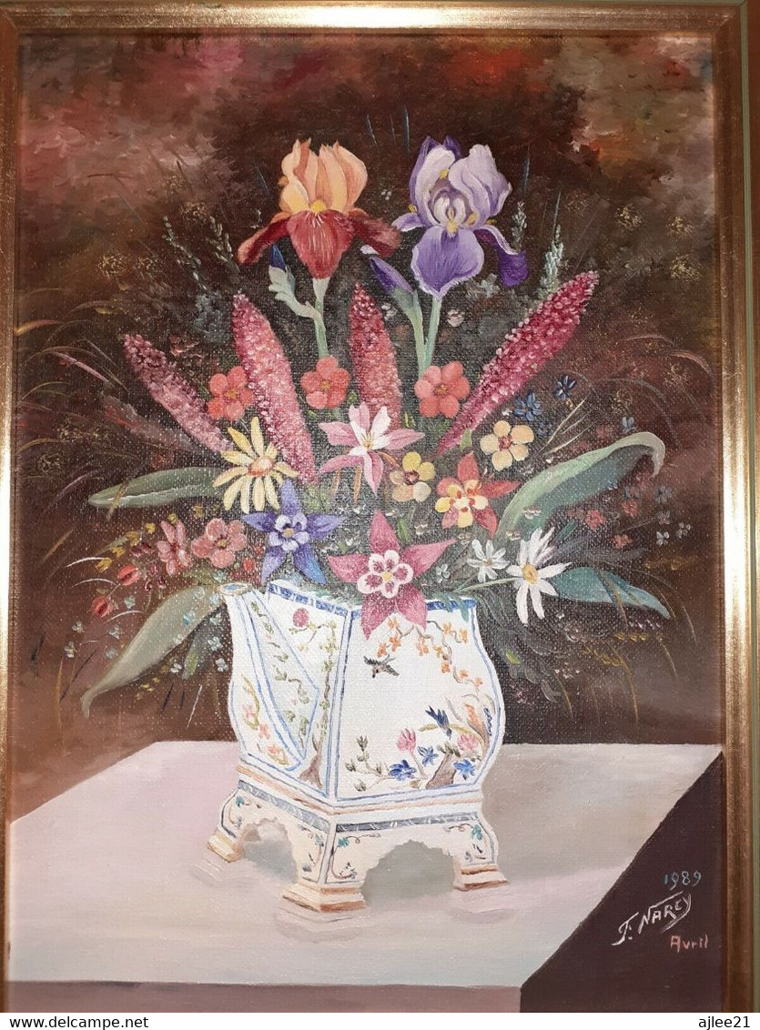 Peinture François Narcy. Bouquet Dans Théière. Avril 1989. - Acryliques