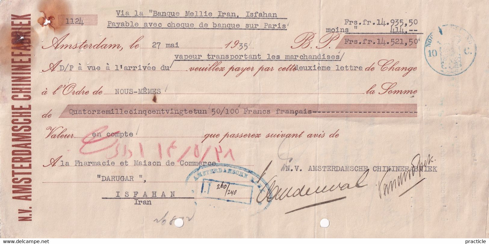 2554 Amsterdamsche Chinenefabriek Promissory Note Issued Darugar Pharmacie Isfahan Iran Via Banque Mellie 1935 - Nederland