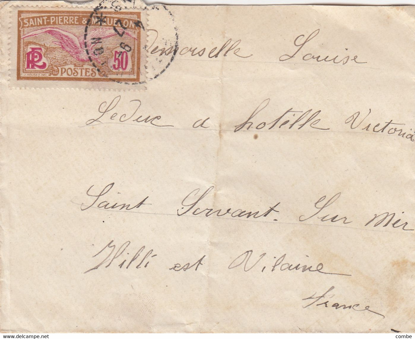 LETTRE. ST PIERRE ET MIQUELON. 1927. 50c N° 115. SEUL. ST PIERRE POUR ST SERVAN SUR MER - Cartas & Documentos