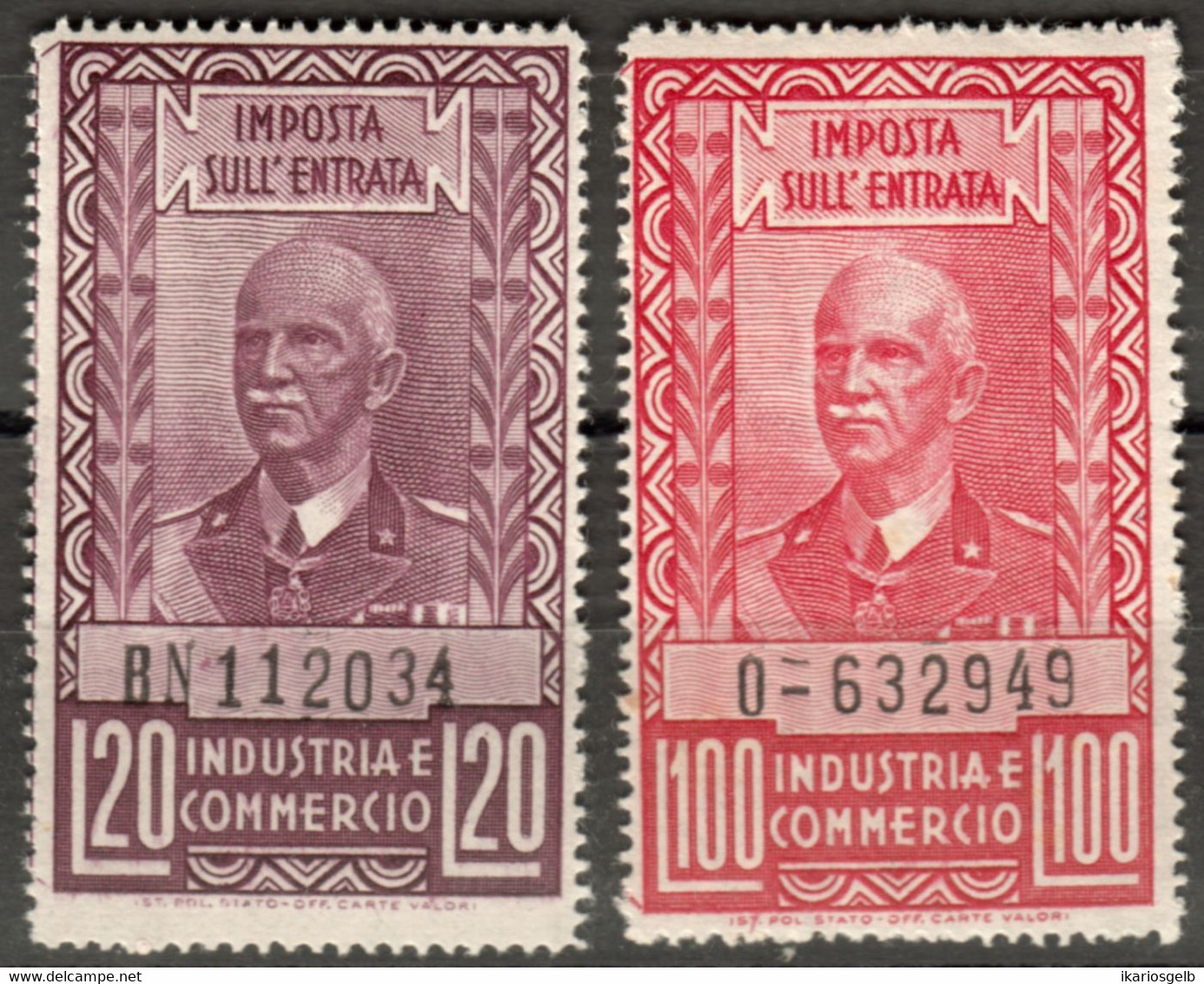 ITALIA ~1927 " Imposta Sull'entrata Industria E Commercio " 2 Div. Maxi- Bolli Fiscali Lire 20 + Lire 100 Bollo Fiscale - Fiscaux