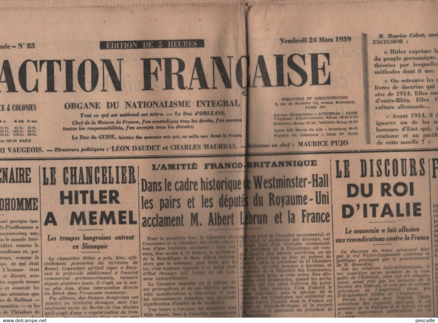 ACTION FRANCAISE 24 03 1939 - ROI ITALIE - HITLER A MEMEL ( KLAIPEDA ) - SLOVAQUIE - SULLY-PRUDHOMME - ARBITRAGE DU PAPE - General Issues