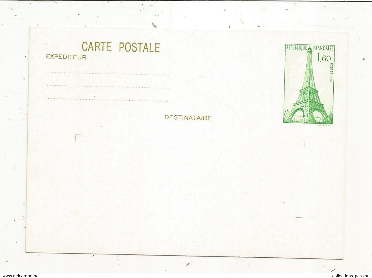 Entier Postal Sur Carte Postale, TOUR EIFFEL , 1.60 Francs, Neuf - Standard Covers & Stamped On Demand (before 1995)