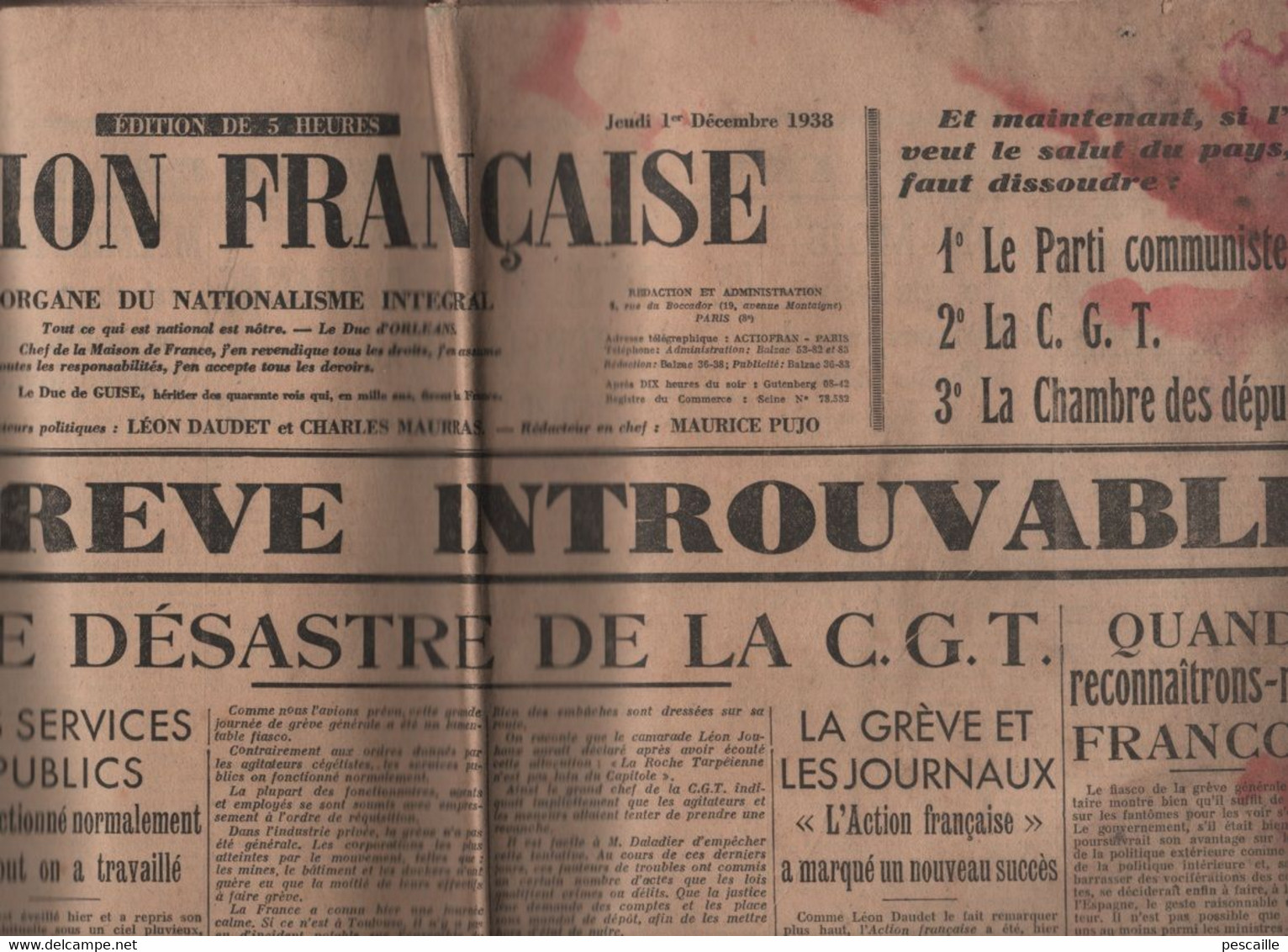 ACTION FRANCAISE 01 12 1938 - CODREANU ROUMANIE - GREVES - FRANCO - LEON DAUDET - CIANO ITALIE -E. HACHA TCHECOSLOVAQUIE - Informations Générales