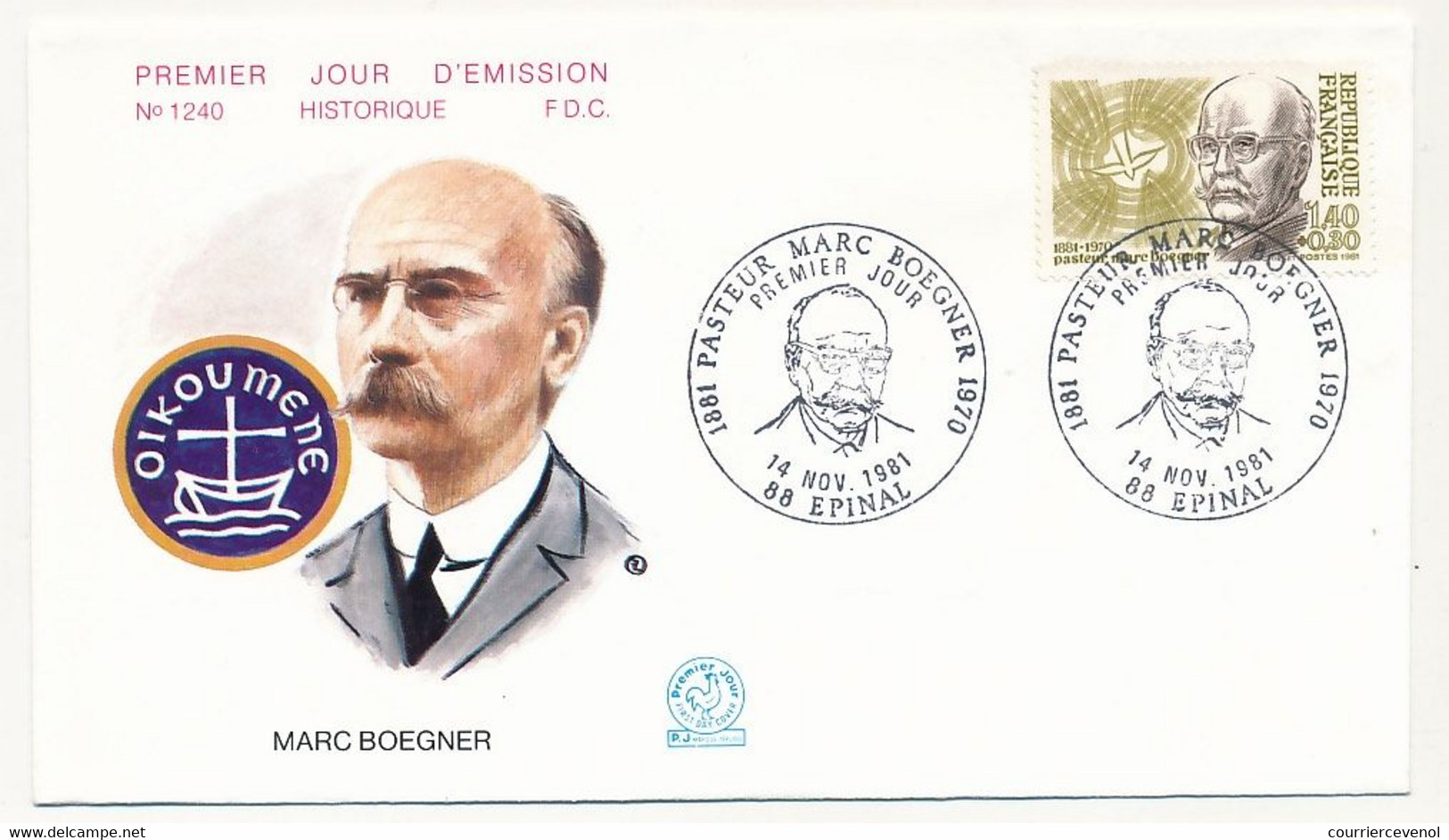 FRANCE - Enveloppe FDC - 1,40 + 0,30 Pasteur Marc Boegner - EPINAL - 14 Nov 1981 - Christendom