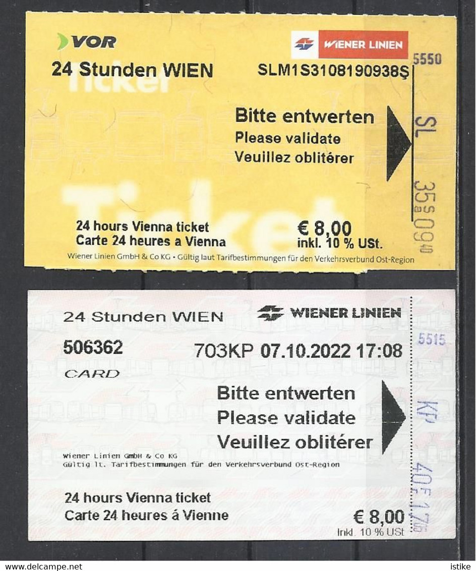 Austria, Wien, One-day Ticket, Lot Of 2,   2019, 2022. - Europe