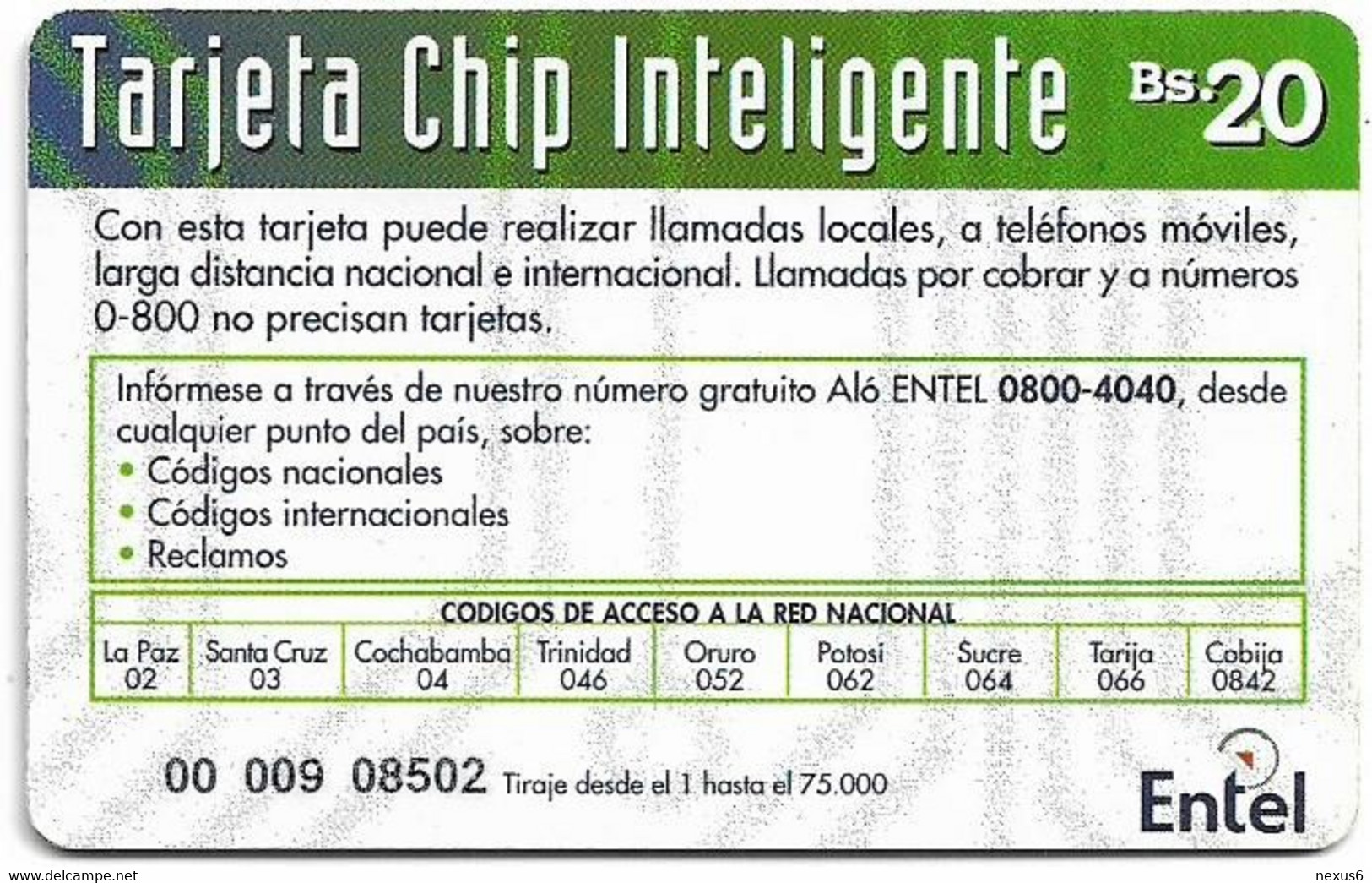 Bolivia - Entel (Chip) - Azul Y Multicolor, 2000, 20Bs, 75.000ex, Used - Bolivien