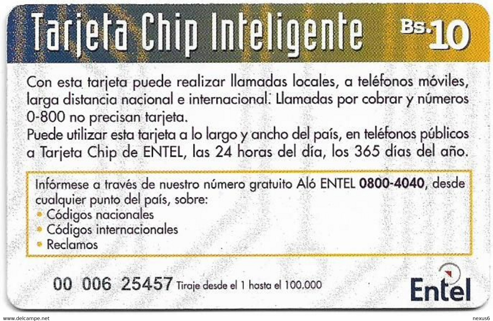 Bolivia - Entel (Chip) - Lila Y Multicolor, 2000, 10Bs, 100.000ex, Used - Bolivie