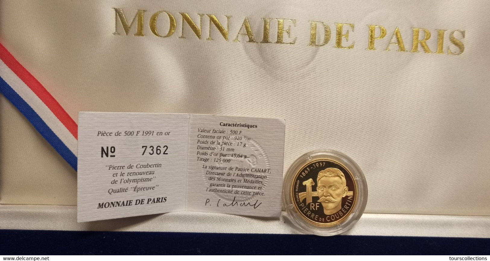 FRANCE Monnaie OR Albertville Coubertin 500 Francs 1991 Paris FDC BE + Certificat. 1 Coffret  Bleu Ciel J.O 1992 Offert - BU, BE & Coffrets