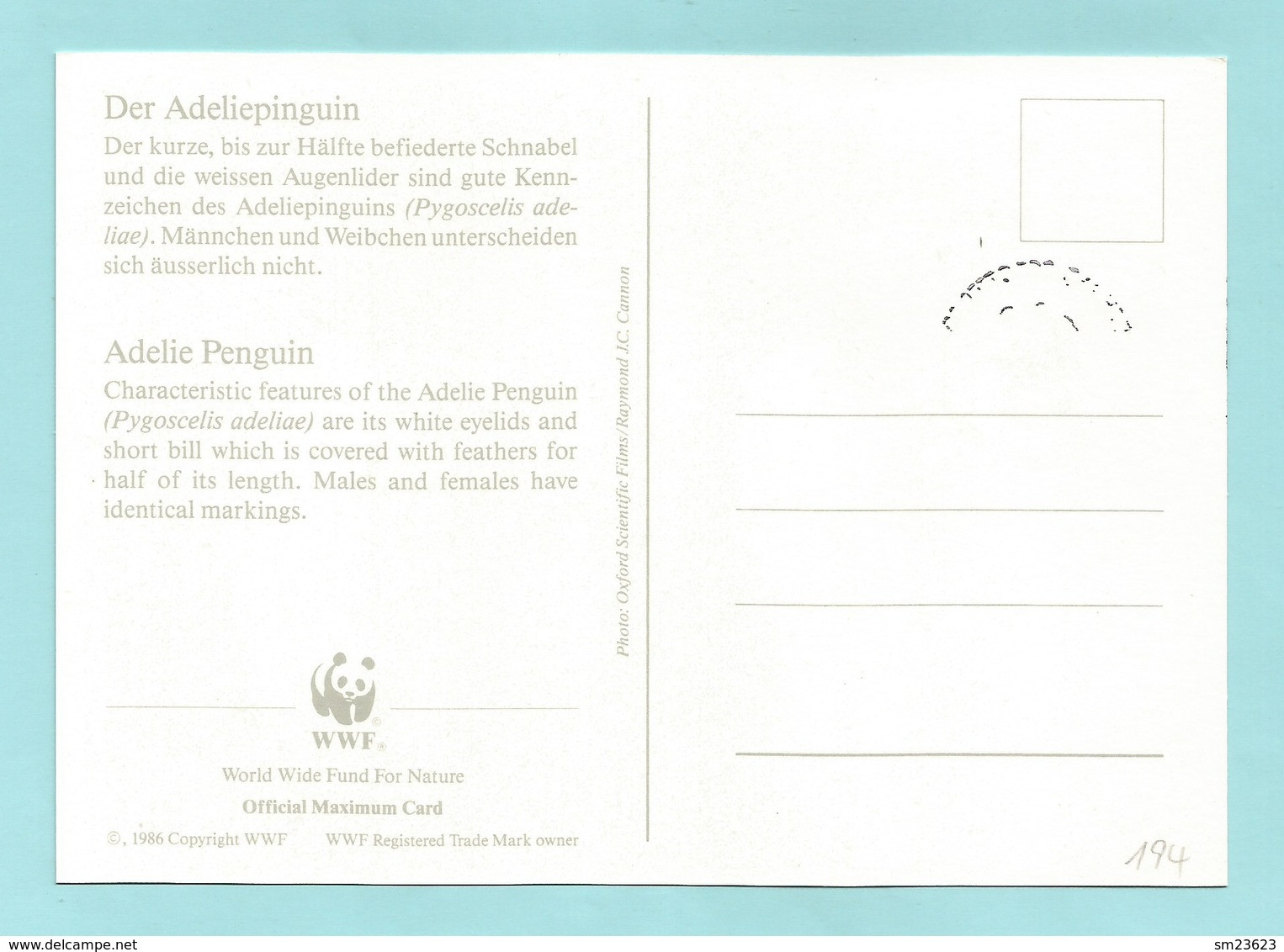 BAT 1992  Mi.Nr. 194 , Adelie Penguin - WWF Maximum Card - First Day 20.OCT 92 - Tarjetas – Máxima