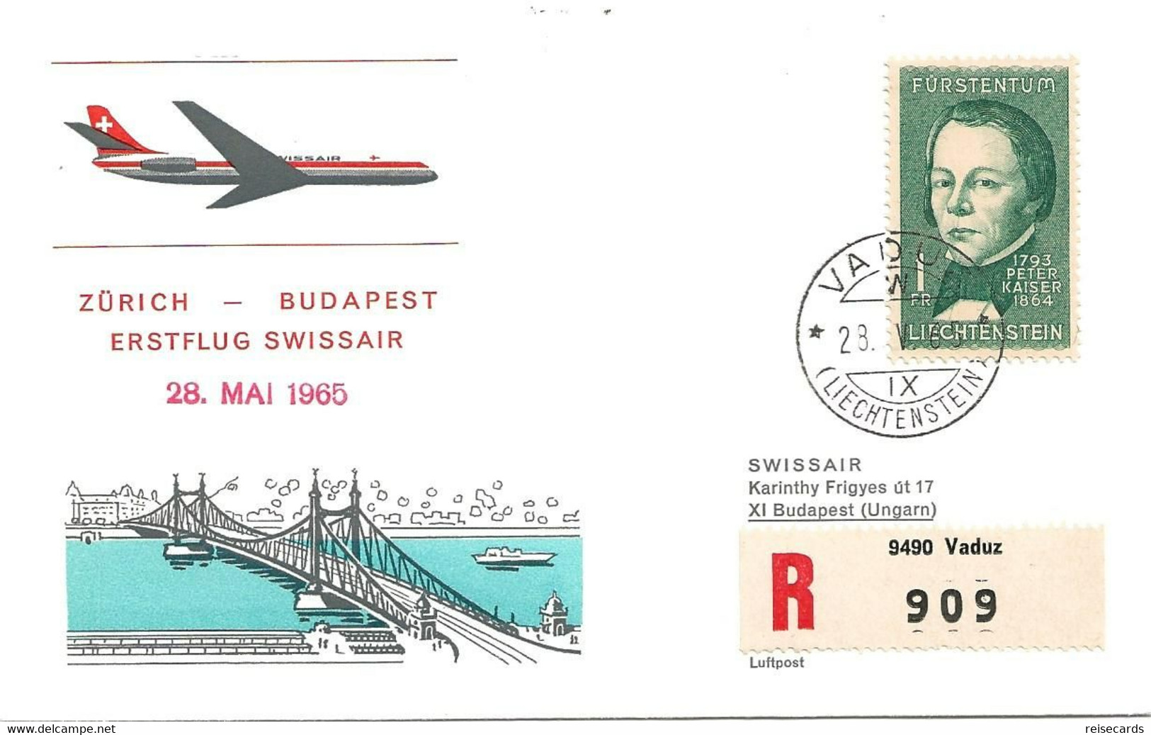 Liechtenstein: 1965 Swissair Air Mail Brief Zürich - Budapest - Lettres & Documents