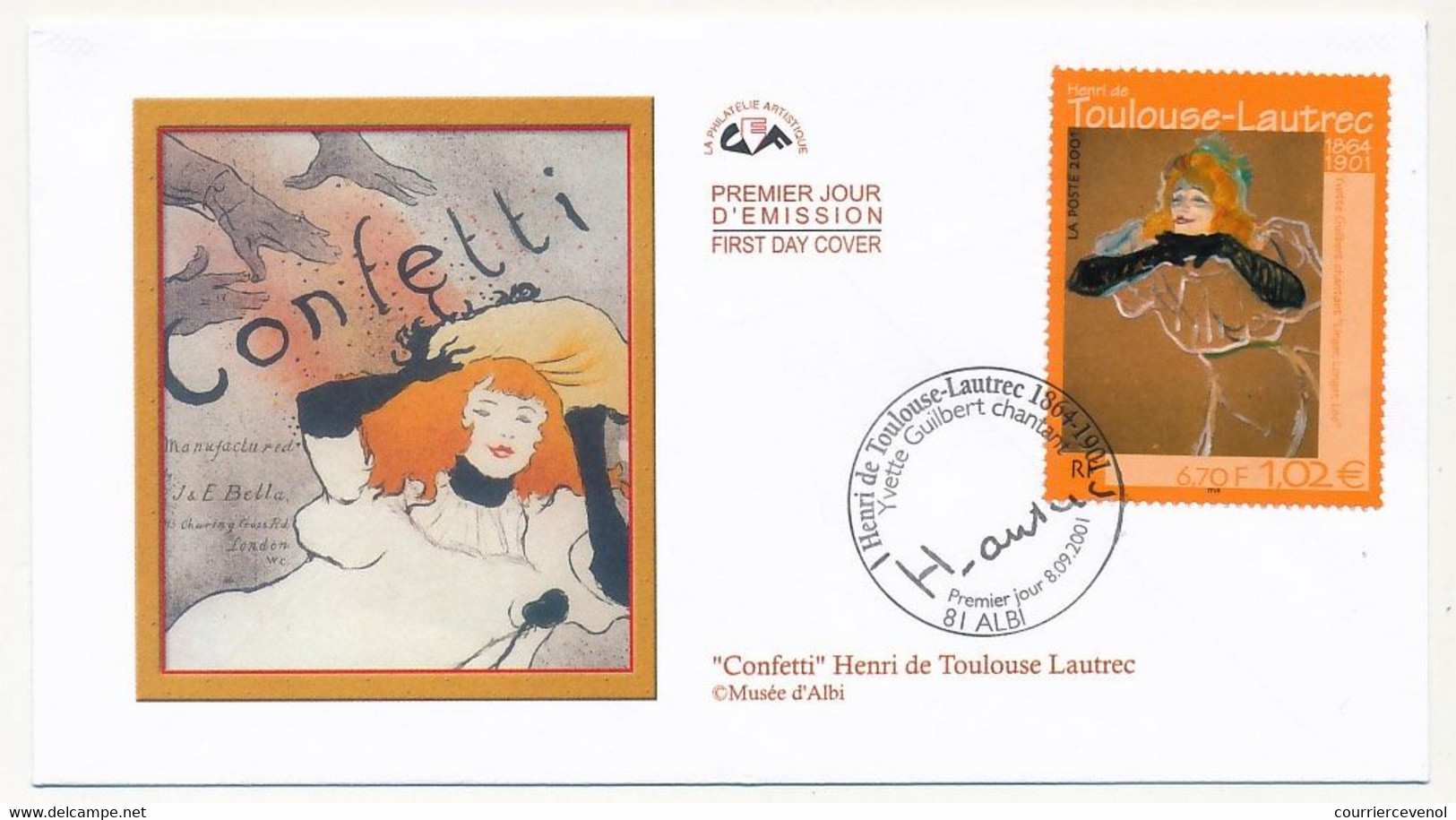 FRANCE - Env FDC - 6,70F/1,02e Confetti De Toulouse Lautrec - ALBI - 8/09/2001 - 2000-2009