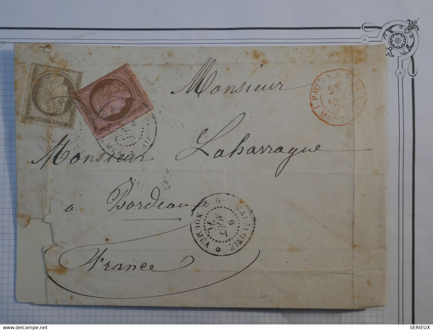 BL1 NOUVELLE CALEDONIE  BELLE  LETTRE RARE COLONIES 1876 NOUMEA A BORDEAUX FRANCE +CACHET PAQUEBOT ROUGE +++ - Storia Postale