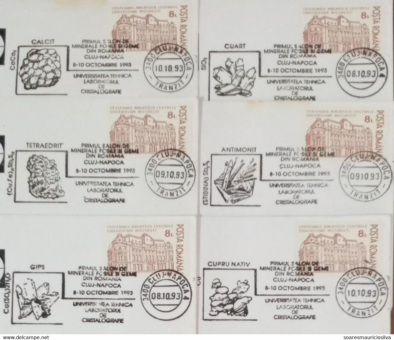 1993 6 Cover Commemorative Cancel 1st Exhibition Of Mineral Fossil And Precious Stone In Romania Geology - Minéraux