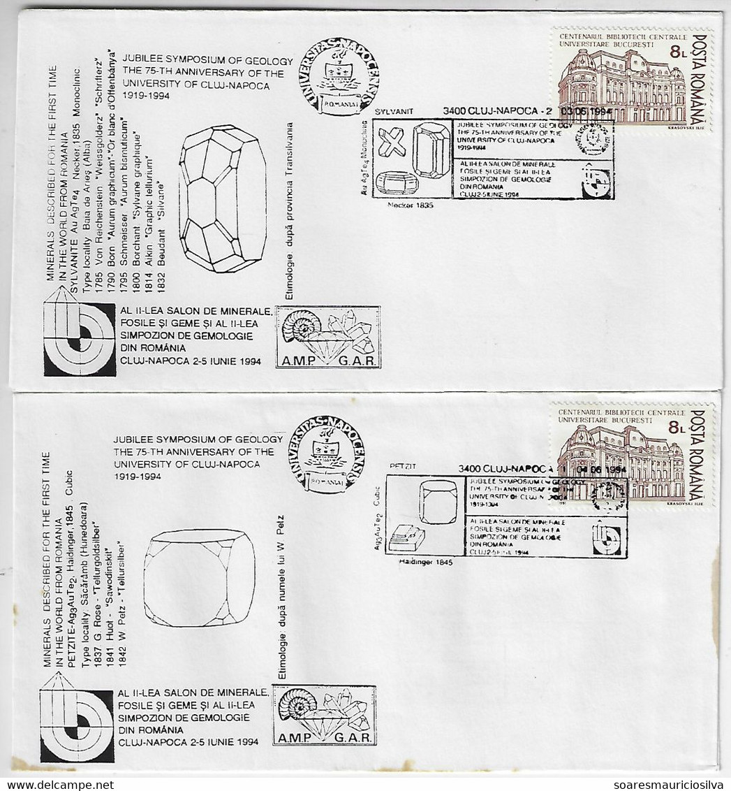 Romania 1994 7 Cover Commemorative Cancel Jubilee Symposium Geology 75th Anniversary University Of Cluj-Napoca Mineral - Minéraux