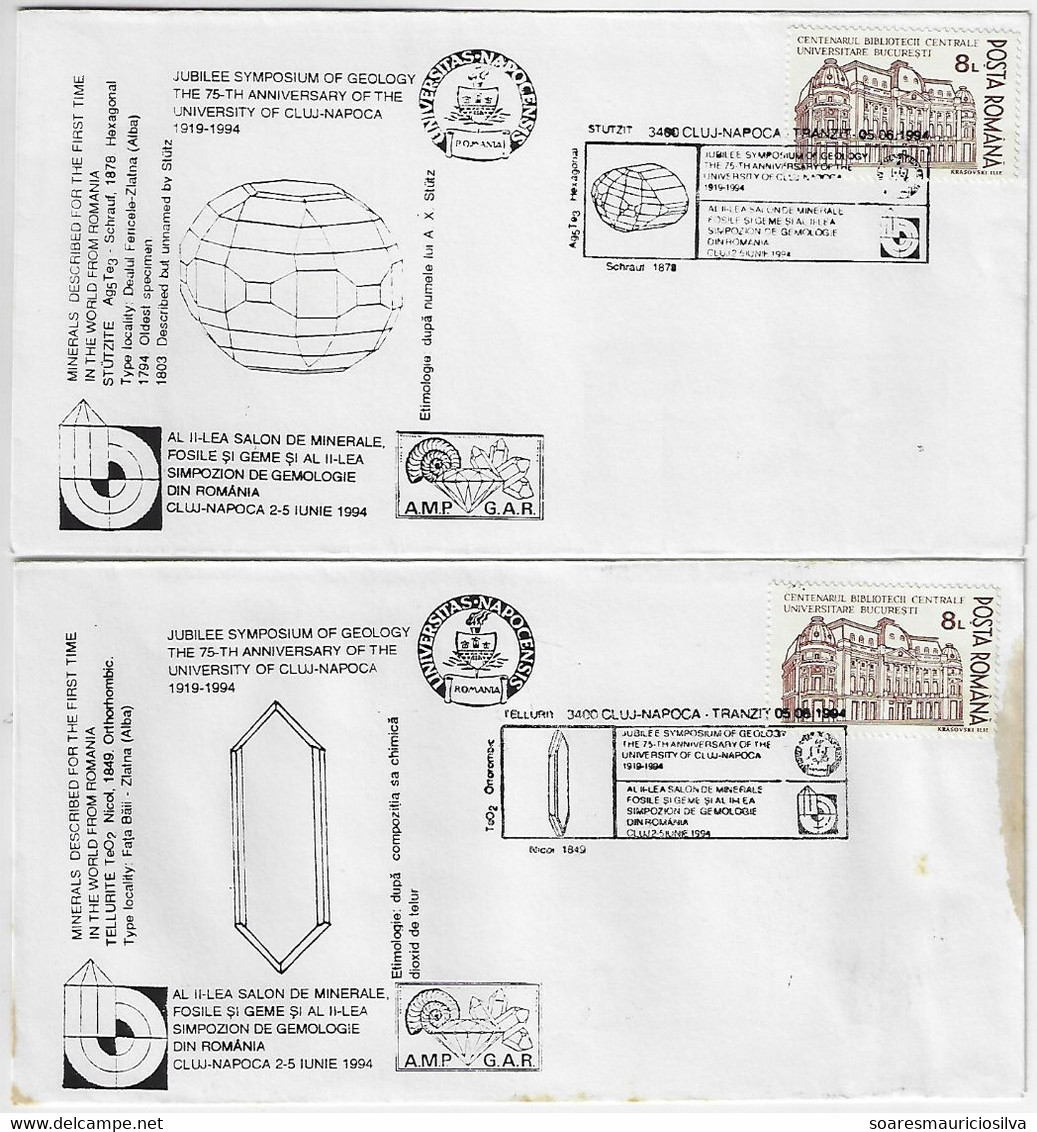 Romania 1994 7 Cover Commemorative Cancel Jubilee Symposium Geology 75th Anniversary University Of Cluj-Napoca Mineral - Minéraux
