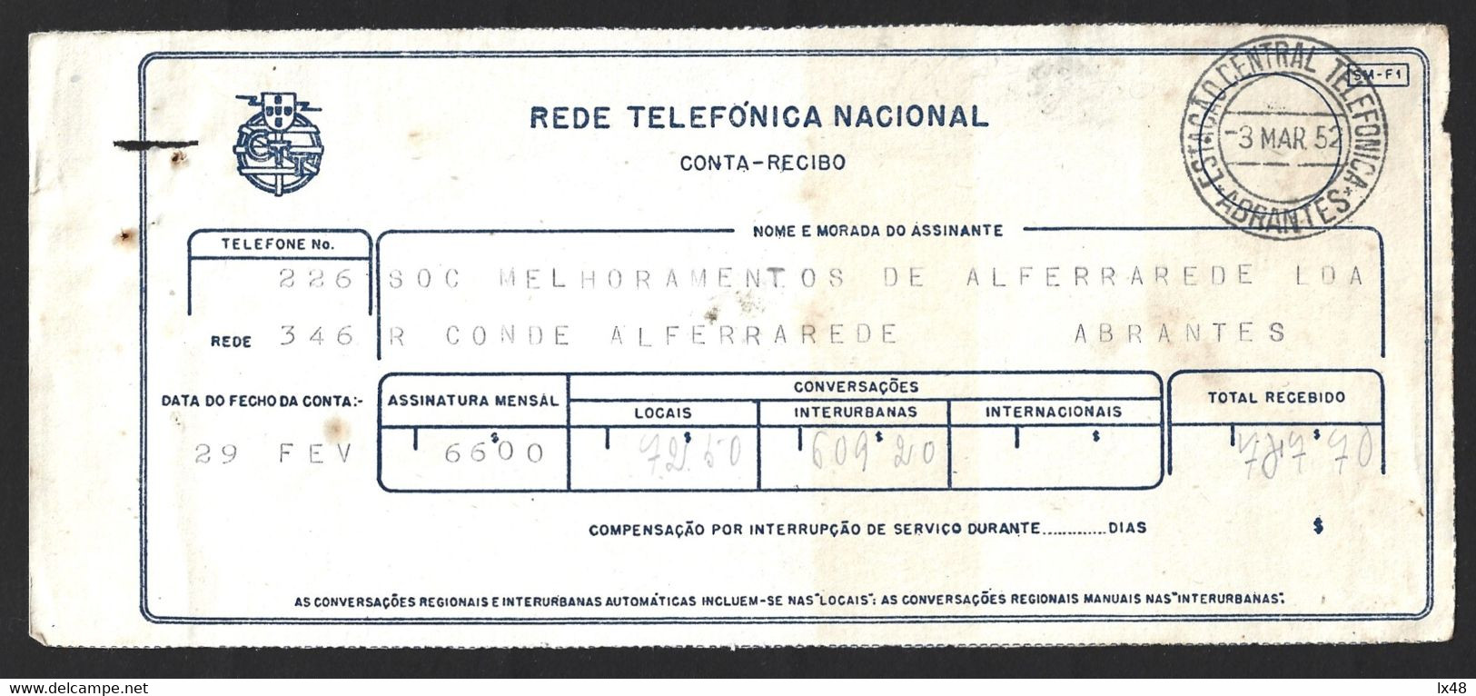 Recibo Rede Telefónica Nacional, Obliteração De Abrantes. Sociedade De Melhoramentos Alferrarede. Rua Conde Alferrarede. - Portogallo