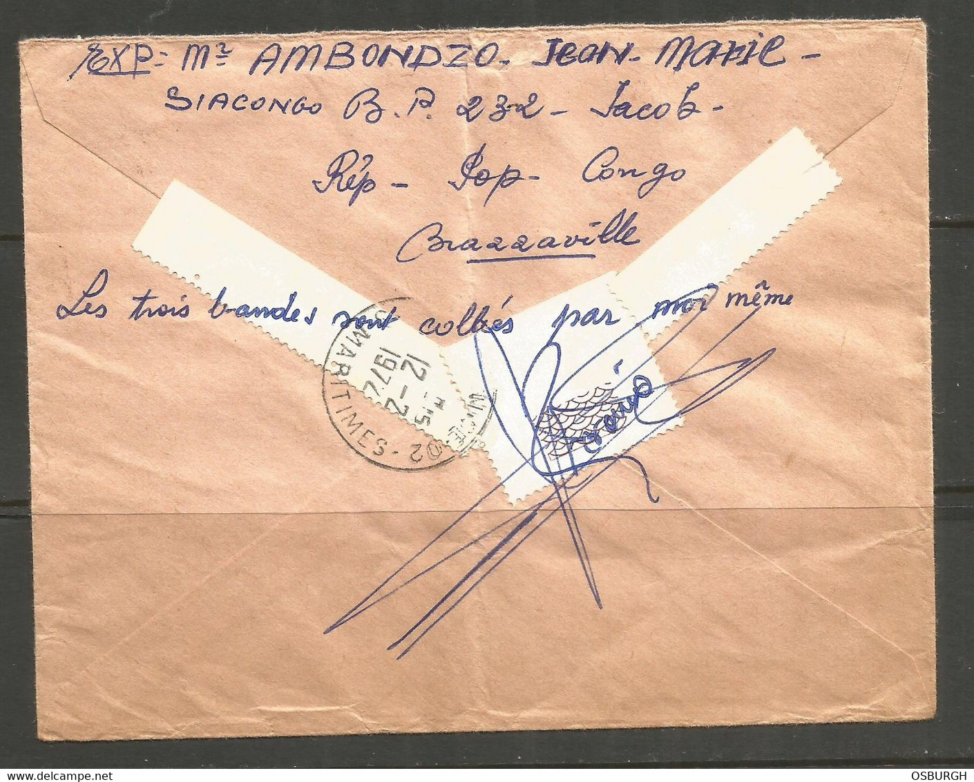CONGO. 1972. REGISTERED AIR MAIL COVER. JACOB POSTMARK. - Cartas & Documentos