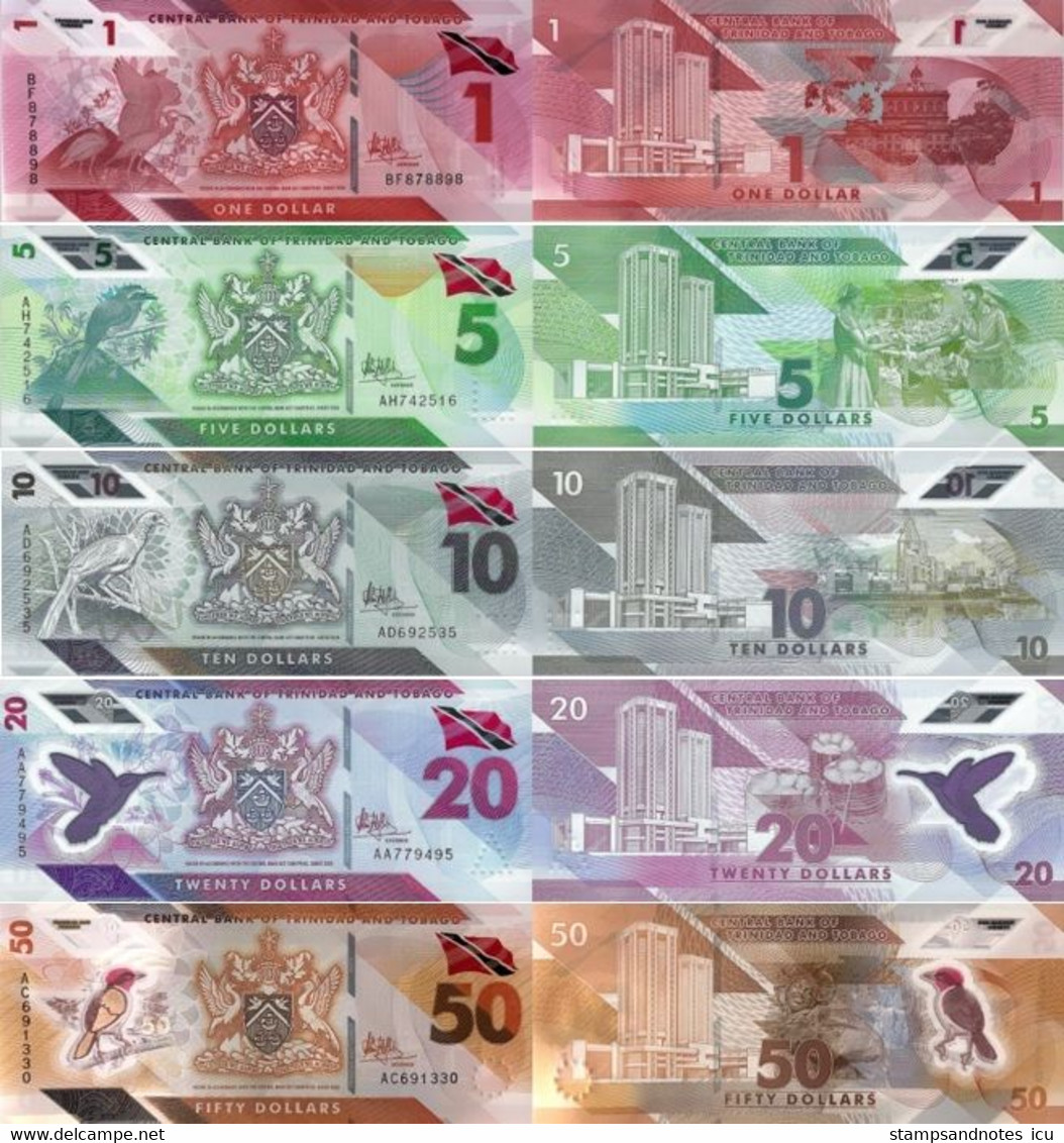 TRINIDAD AND TOBAGO 1 5 10 20 50 Dollars 2020 P W60 61 62 63 64 UNC Polymer Set Of 5 Banknotes - Trinidad & Tobago