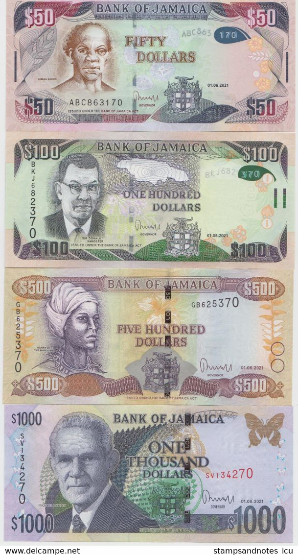 JAMAICA 50 100 500 1000 Dollars P 85 86 94 95 UNC  Set Of 2021 With Last Two Matching Numbers - Jamaique