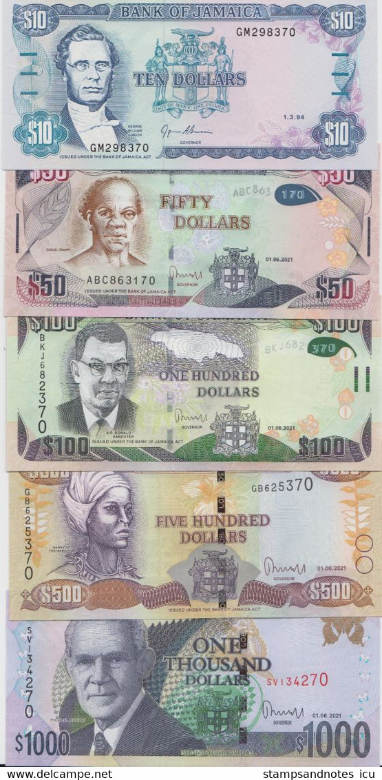 JAMAICA 10 50 100 500 1000 Dollars P 71 85 86 94 95 UNC  Set Of 5 With Last Two Matching Numbers - Jamaica