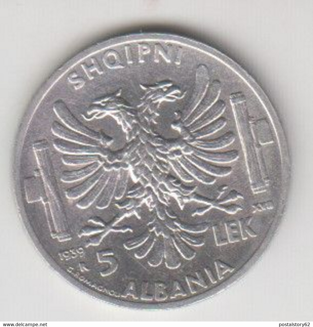 Albania, Occupazione Italiana. Vittorio Emanuele III° - 5 Lek  1939 - Moneta Arg. Spl/ Fdc - Albania