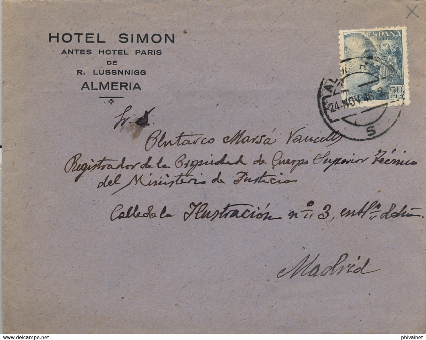 1946 ALMERIA , SOBRE CIRCULADO A MADRID , HOTEL SIMÓN - Lettres & Documents