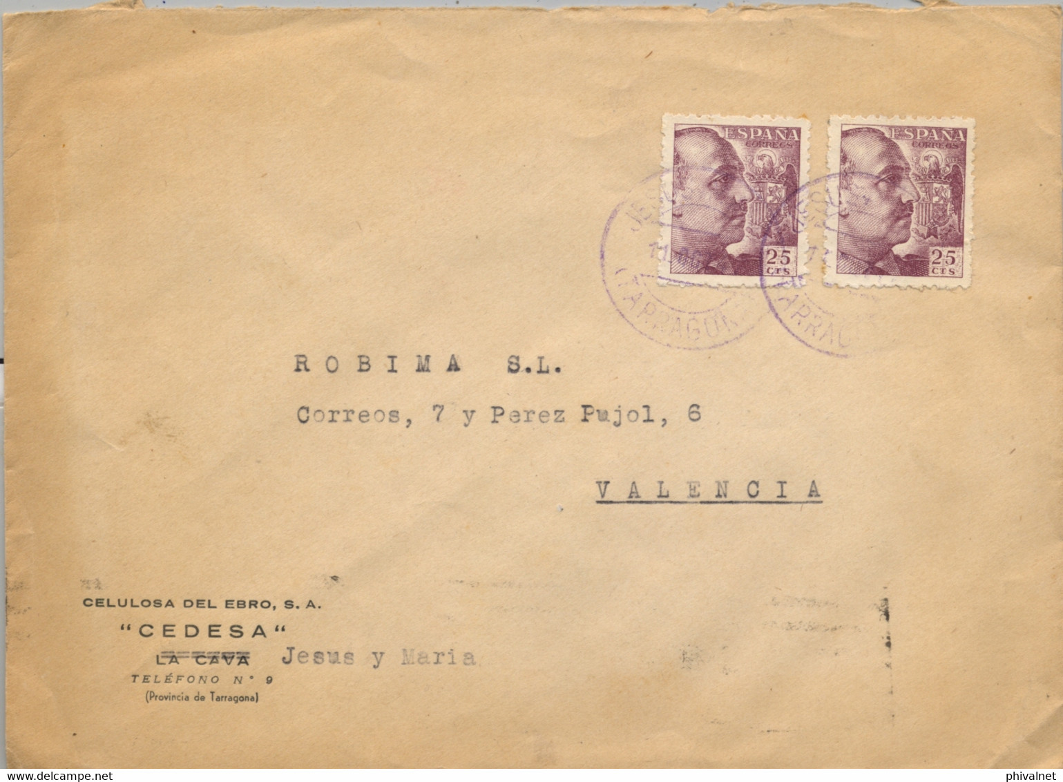 1947 TARRAGONA , SOBRE CIRCULADO , MATASELLOS DE JESÚS Y MARIA EN COLOR AZUL - Storia Postale