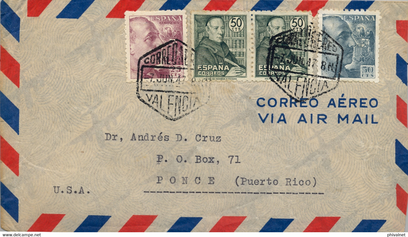 1947 VALENCIA , CORREO AÉREO , SOBRE CIRCULADO A PONCE ( PUERTO RICO ) , TRÁNSITO DE MADRID. - Brieven En Documenten