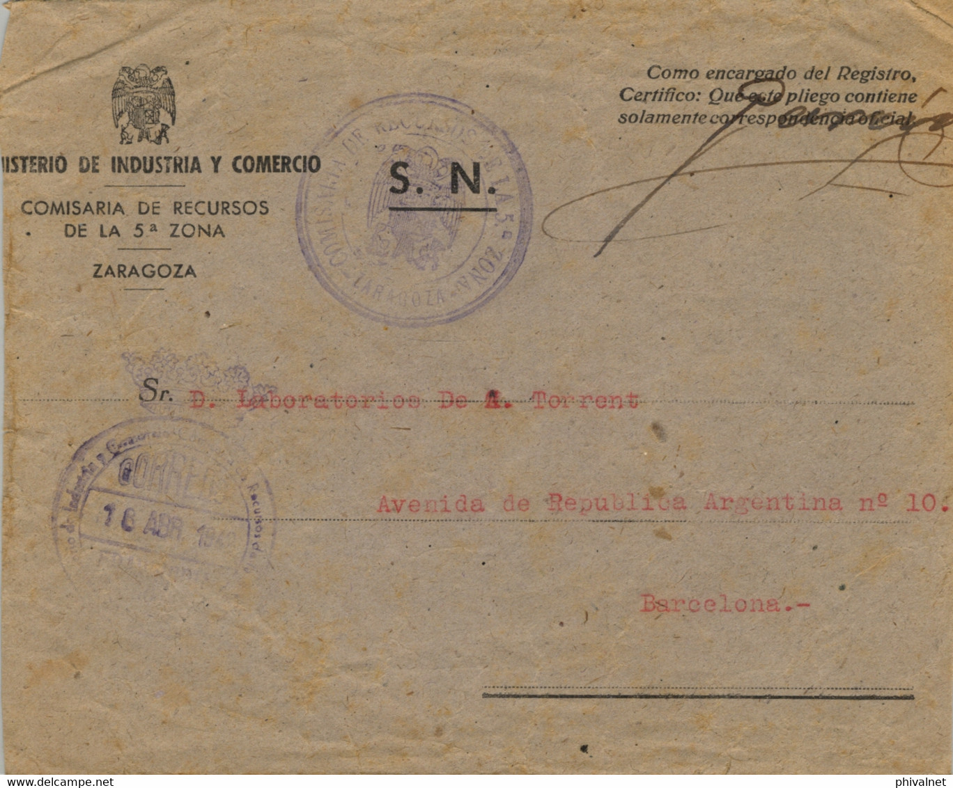 1942 ZARAGOZA , MINISTERIO DE INDUSTRIA Y COMERCIO , COMISARIA DE RECURSOS DE LA 5ª ZONA , FRANQUICIA , SOBRE CIRCULADO - Storia Postale