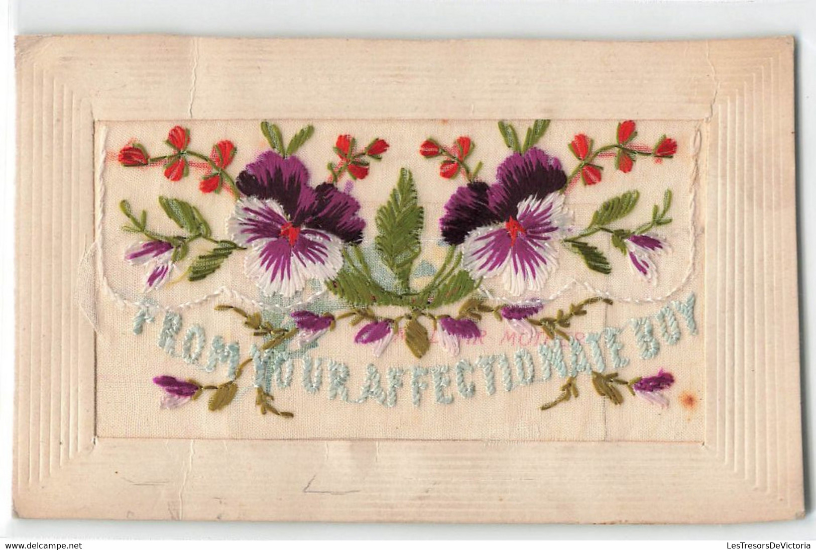 CPA Brodée - Fantaisie - From Your Affectionate Boy - Fleurs Pensées - Enveloppe Avec Mot - Broderie - Brodées