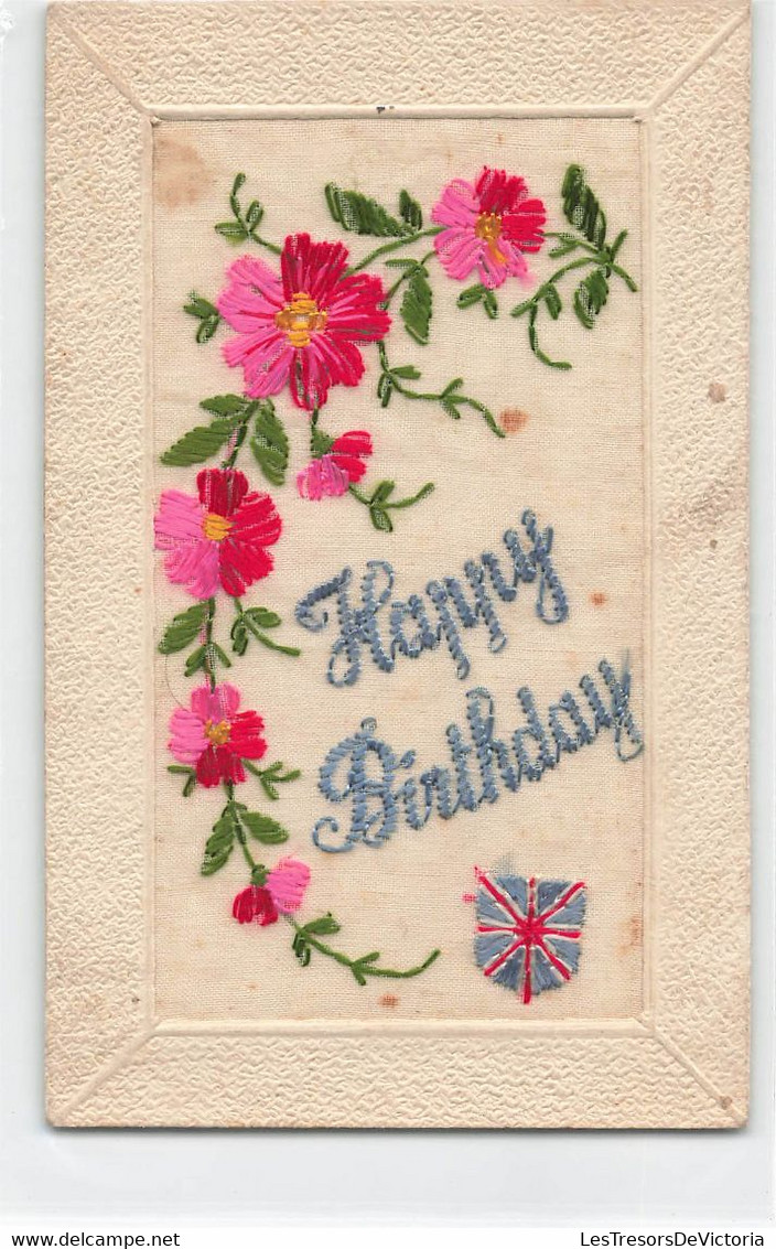 CPA Brodée - Fantaisie - Drapeau Anglais - Happy Birthday - Broderie - Ricamate