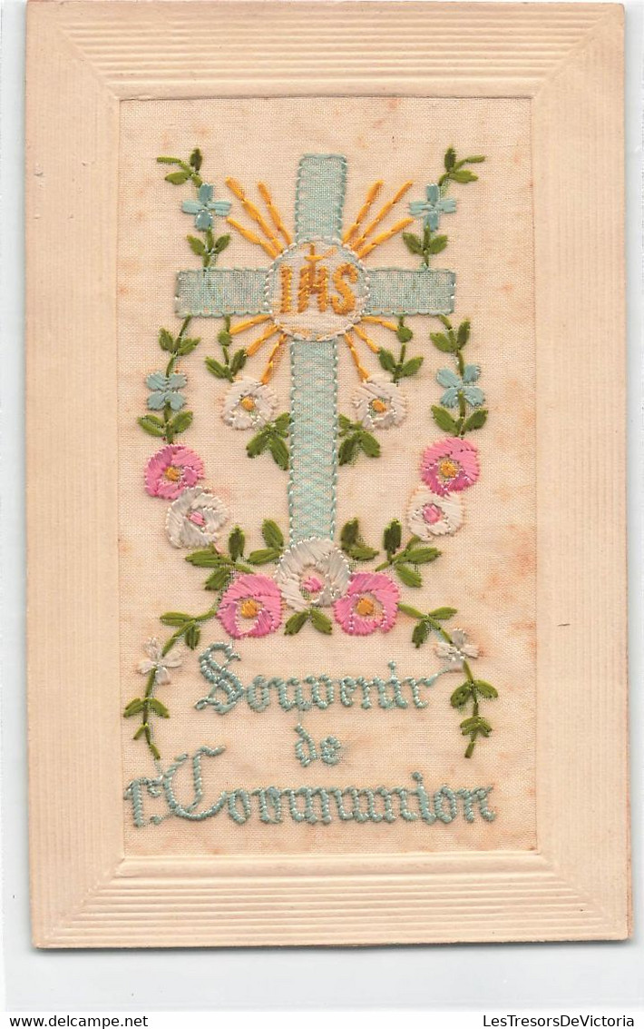 CPA Brodée - Fantaisie - Souvenir De 1ere Communion - Broderie - Croix Entouré De Fleurs - Embroidered