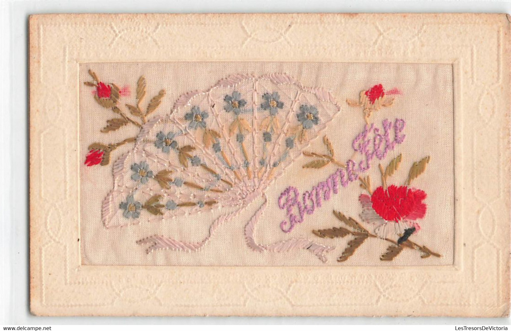 CPA Brodée - Fantaisie - Bonne Fete - Eventail Brodé - Broderie - - Brodées