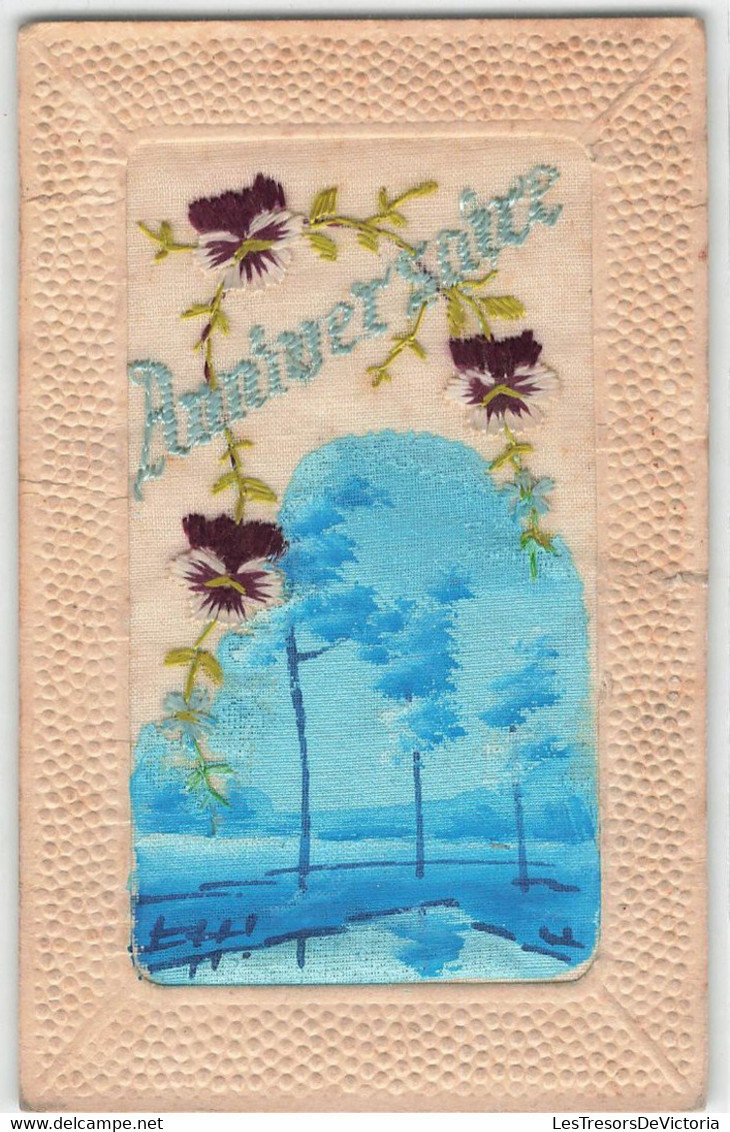 CPA Brodée - Fantaisie - Anniversaire - Pensées - Broderie - - Bordados