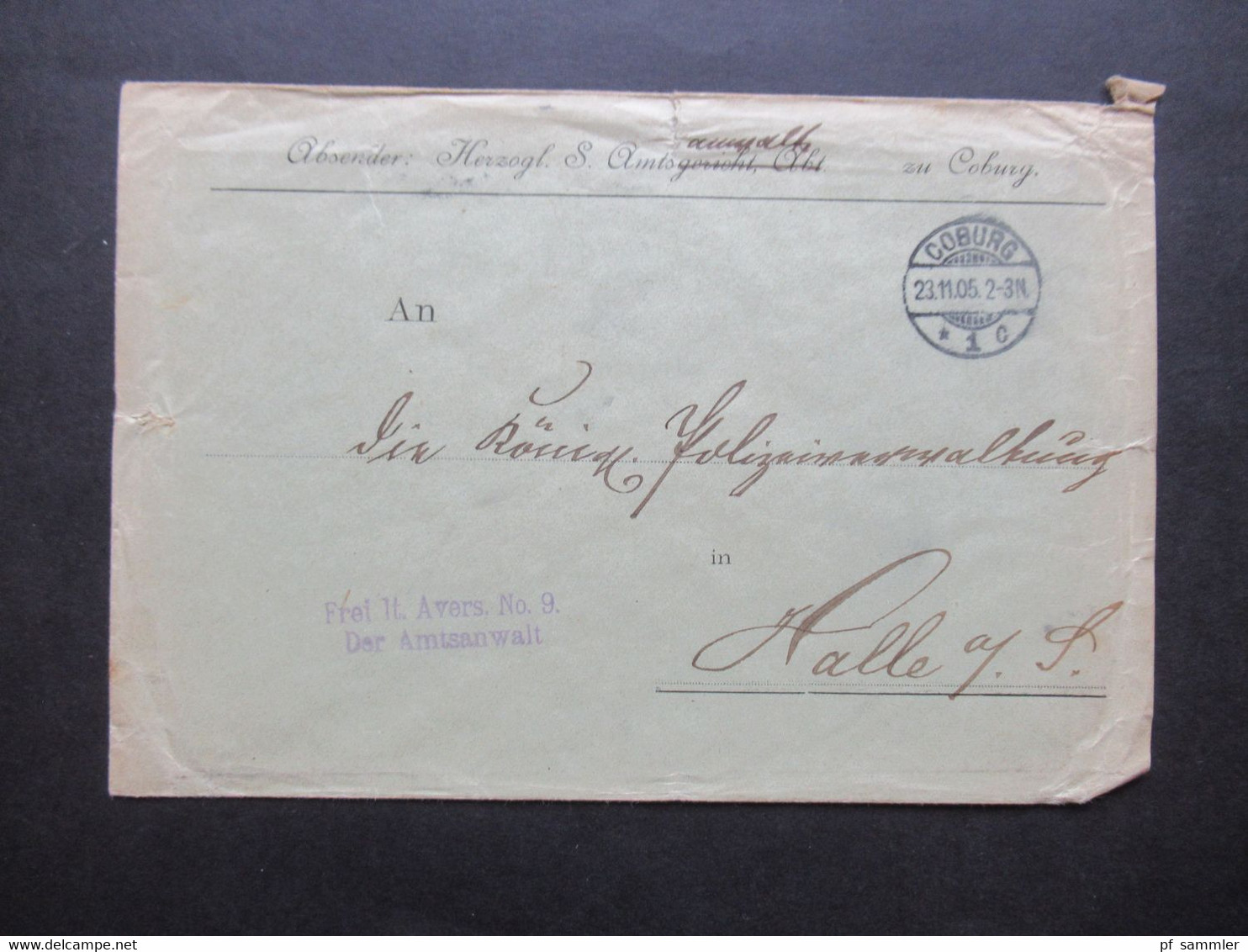 DR Dienst 1905 Absender Herzogl. S. Amtsanwalt Zu Coburg Stempel Frei Laut Avers No 9 Der Amtsanwalt - Dienstzegels