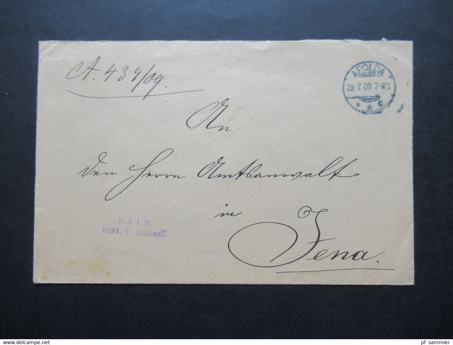 DR Dienst 1909 Stempel Frei D. A. Avers No 15 Grossh. S. Amtsanwalt Und Papiersiegel Grossh. S. Amtsanwalt Apolda - Dienstzegels