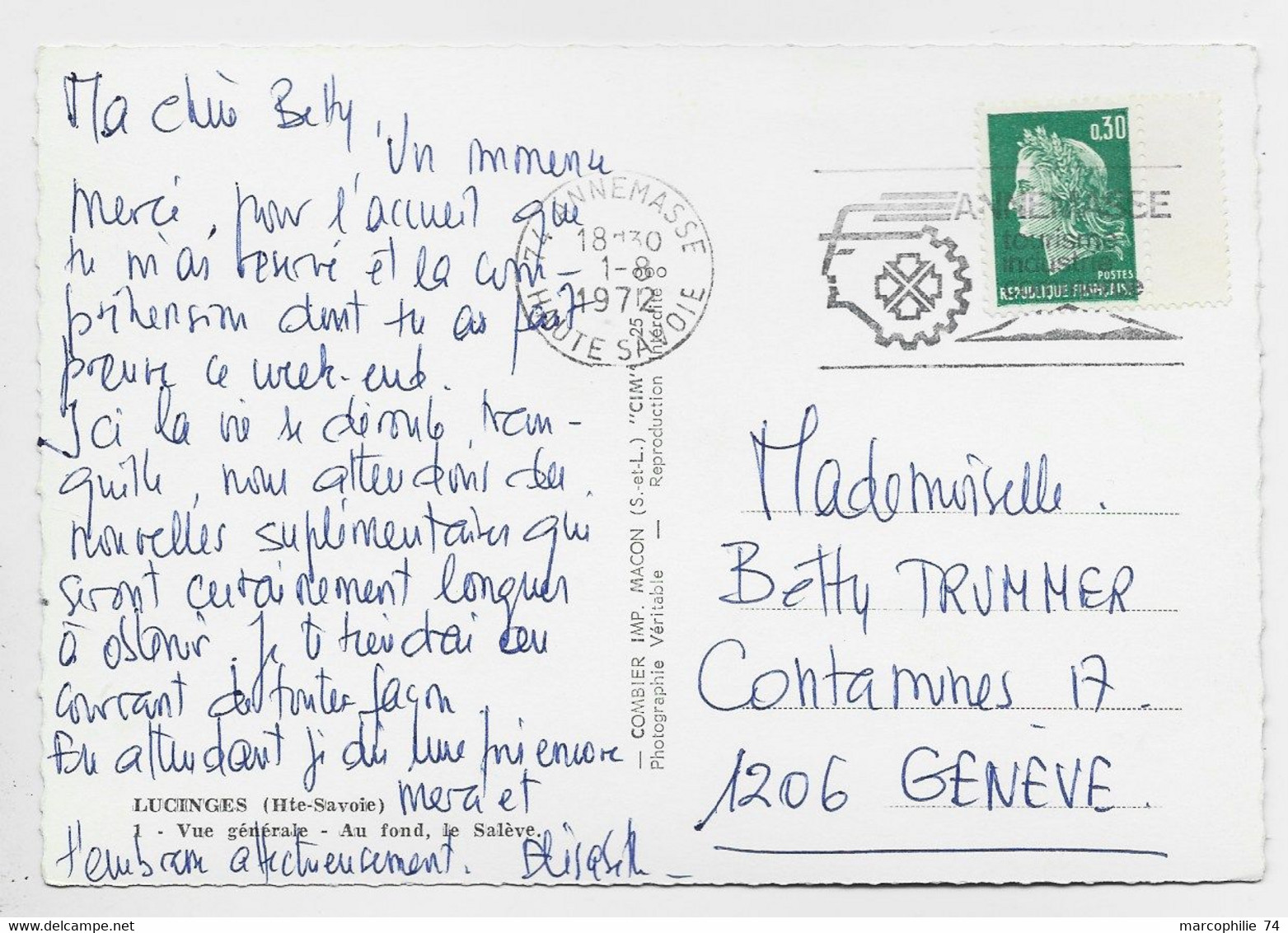 FRANCE CHEFFER 30C VERT SEUL CARTE 74 ANNEMASSE 1.8.1972 HAUTE SAVOIE POUR GENEVE TARIF FRONTALIER - 1967-1970 Marianne Of Cheffer